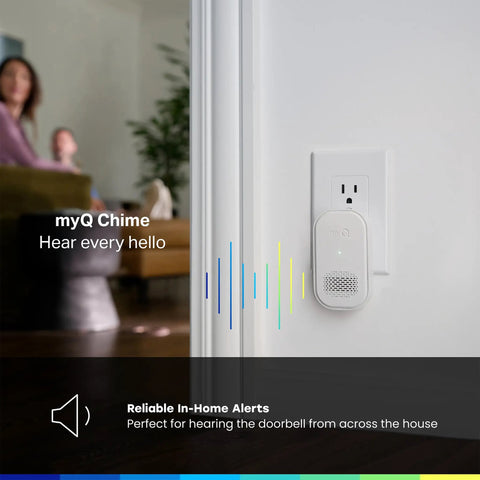 Secure View 3-In-1 Smart Lock Deadbolt With Video Doorbell And 2K HDR Camera chime plugged into wall outlet, living room in background