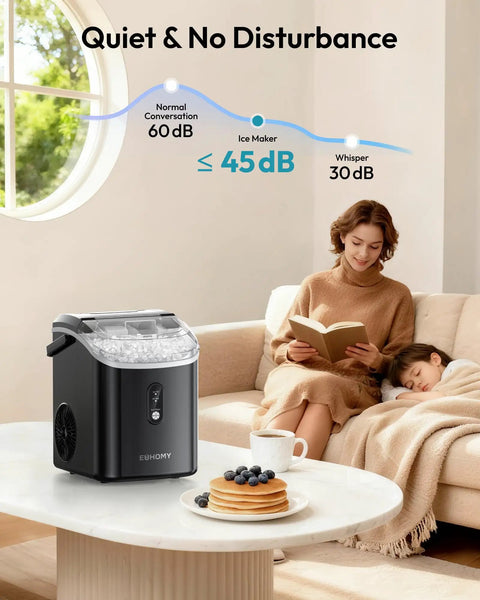 Countertop Nugget Ice Maker With Handle Ready In About 6 Minutes Produces Up To 35 Lbs Per Day Auto Clean next to reading woman.