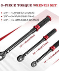 Beefy 3 In 1 Click Torque Wrench Set 1/4, 3/8, 1/2 Inch Drive With 4-20 Ft-Lb, 5-45 Ft-Lb, 15-165 Ft-Lb Ranges on display