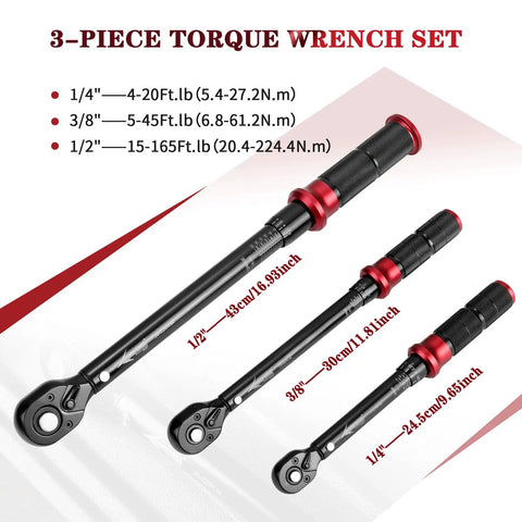 Beefy 3 In 1 Click Torque Wrench Set 1/4, 3/8, 1/2 Inch Drive With 4-20 Ft-Lb, 5-45 Ft-Lb, 15-165 Ft-Lb Ranges on display