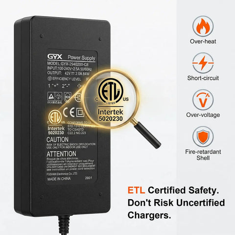 ETL Certified 36V Lithium Battery Charger For Electric Scooters Hoverboards And E Bikes 42V 2A Replacement Charger features