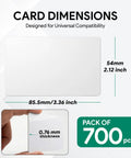 Card dimensions for Bulk Pack Of 700 Blank CR80 PVC ID Cards 30 Mil Thick Dual Sided Badge Cards, 3.36 x 2.12 inch size.