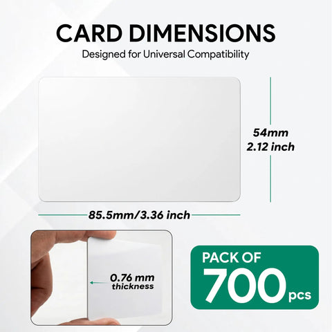 Card dimensions for Bulk Pack Of 700 Blank CR80 PVC ID Cards 30 Mil Thick Dual Sided Badge Cards, 3.36 x 2.12 inch size.
