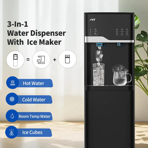 Hot And Cold Water Dispenser With Built In Ice Maker Bottom Loading 5 Gallon System Bullet Ice Up To 22 Lbs Per Day LED Display