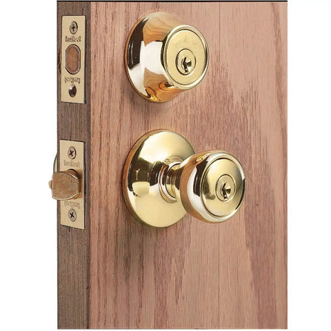 Tylo Entry Knob And Single Cylinder Deadbolt Combo 1 Pack in Satin Nickel installed on a wooden door, showing exterior view