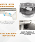 Heavy Duty Stainless Steel Auto Fill Water Bowl With Automatic Float Valve For Dogs And Livestock No Sweat Setup showing water level adjustment features.