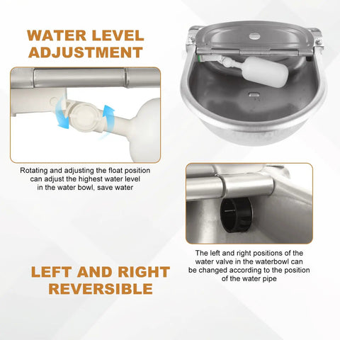 Heavy Duty Stainless Steel Auto Fill Water Bowl With Automatic Float Valve For Dogs And Livestock No Sweat Setup showing water level adjustment features.
