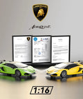 Lamborghini Licensed Remote Control Car 1 To 16 Scale Aventador SVJ Ride Ultra Fast RC Race Toy For Kids And Collectors in green and yellow displayed against certificates