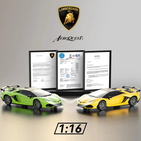 Lamborghini Licensed Remote Control Car 1 To 16 Scale Aventador SVJ Ride Ultra Fast RC Race Toy For Kids And Collectors in green and yellow displayed against certificates