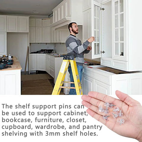 Man installing cabinets with 5 Millimeter Clear Plastic Shelf Support Pins Pack Of 20, showing pegs in hand, kitchen renovation scene