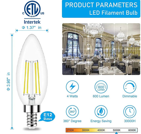 Product image showing Dimmable E12 LED Candelabra Bulbs 5000K Daylight Chandelier 60W 600LM Pack Of 6 with specifications.