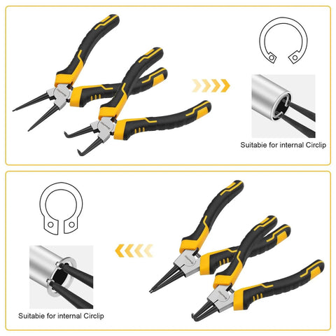 Heavy Duty Snap Ring Pliers Set, Four Piece Kit, internal and external circlip pliers, straight and bent jaw, for ring removal