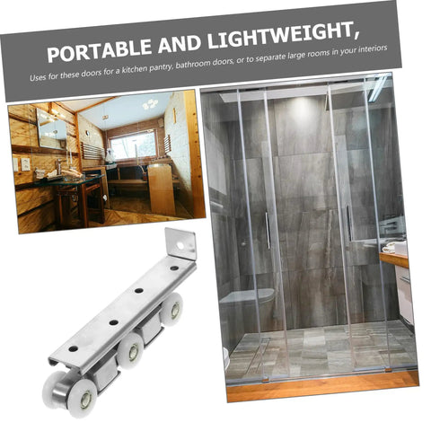 Smooth Glide Sliding Barn Door Track Kit Manganese Steel Wheels Heavy Duty Hardware Set showing stainless steel roller and bathroom divider.