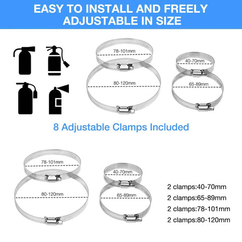 Universal Roll Bar Fire Extinguisher Mount Aluminum Quick Release Bracket With Eight Clamps shown in various sizes
