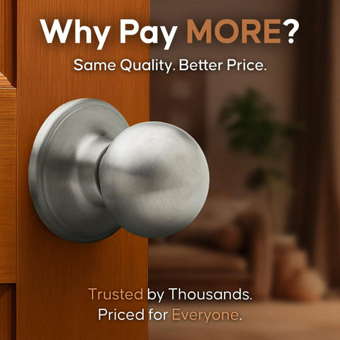 Heavy Duty Passage Door Knob With Easy Install Reversible For Bedroom Bathroom And Closets Satin Stainless Finish No Locking Interior Door Hardware ANSI Grade Three One Pack installed in wood door