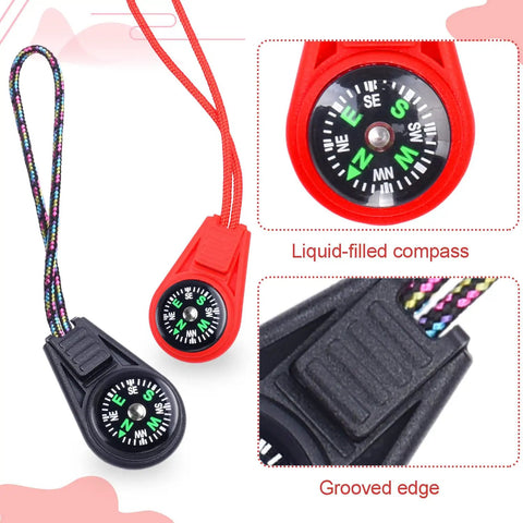 Kids Mini Compass Keychain Pack, 10 Pieces, red and black paracord compasses with colorful straps and easy navigation arrows.
