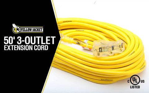 50' 3-outlet yellow extension cord with UL listing and power light indicator.