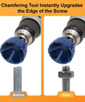 FiLwW external chamfer deburring tool with tungsten carbide cutter; blue head on drill, bolt before/after burr removal.