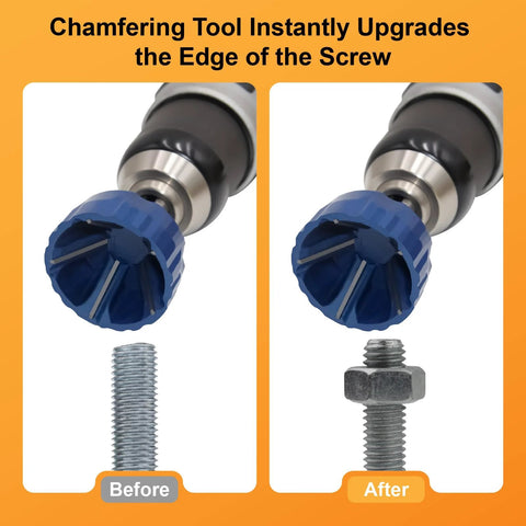 FiLwW external chamfer deburring tool with tungsten carbide cutter; blue head on drill, bolt before/after burr removal.