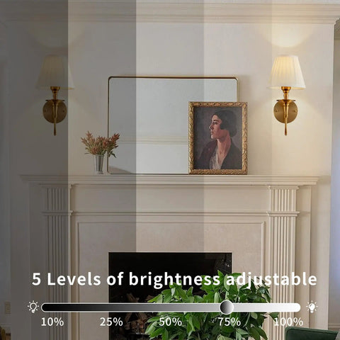 Wireless Vintage Wall Sconce Set Of Two Rechargeable Dimmable RGB Lights With Remote Antique Brass And Fabric Shade over mantel.