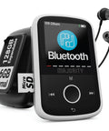 Bluetooth MP3 Player With Sports Clip And Earbuds Included, Expandable To 128GB, shown with earbuds and SD card slot.