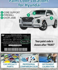 Graphic showing paint code locations on a Hyundai car, highlighting core support, firewall, and door jamb with paint code example.