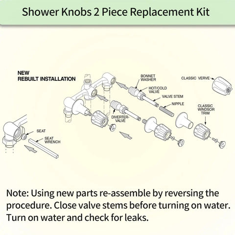 Diagram of remodel bathtub and shower handle kit 2 piece replacement with 12H 2H and 12H 2C stems, flange base, and installation instructions.
