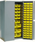 Deep Door Industrial Storage Cabinet With 144 Yellow Plastic Bins Tough Workhorse Parts Organizer showing multiple bins in gray cabinet.