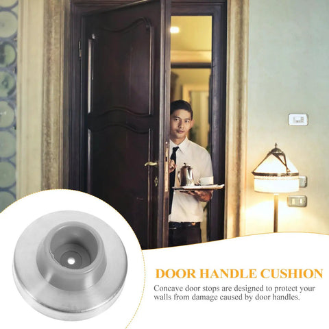 Three Piece Stainless Steel Door Stopper Set With Rubber Bumpers Built To Last Wall Protector Concave Design shown on door