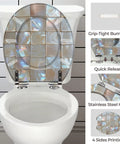 Round Resin Toilet Seat for Bathroom with iridescent square design and stainless steel hinges on white toilet.