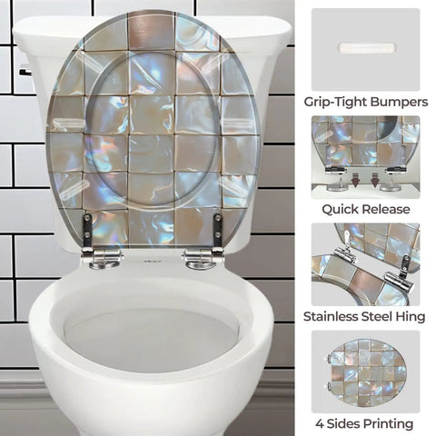 Round Resin Toilet Seat for Bathroom with iridescent square design and stainless steel hinges on white toilet.