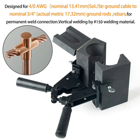 Exothermic Welding Mold Kit For 4/0 AWG Cable To 3/4 Inch Ground Rod showing graphite mold and handles