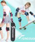 Kids wearing 6 In 1 Protective Gear Set for Inline Skating Skateboarding Scooters and BMX; knee, elbow pads, wrist guards in pink and blue.