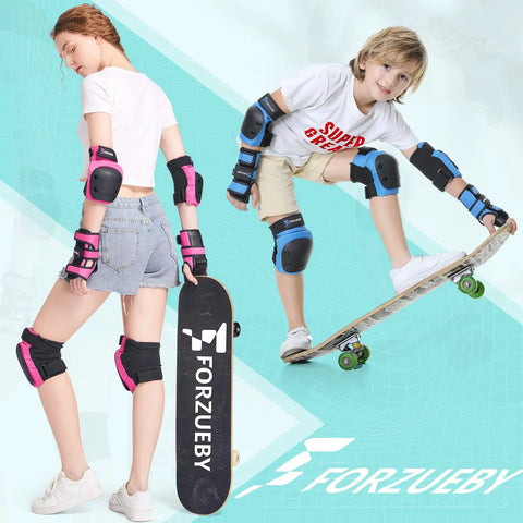 Kids wearing 6 In 1 Protective Gear Set for Inline Skating Skateboarding Scooters and BMX; knee, elbow pads, wrist guards in pink and blue.