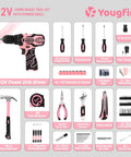 Pink Cordless Drill Driver Kit 12V With Charger And 195 Piece Tool Set For DIY Home Projects, tools displayed.
