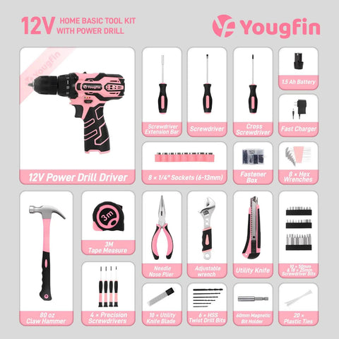 Pink Cordless Drill Driver Kit 12V With Charger And 195 Piece Tool Set For DIY Home Projects, tools displayed.