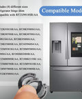Four Piece Hinge Shim Kit For Fridge Door Height Adjustment Replacement Parts For Samsung Models 3282540 DA60 00314C PS6448337 AP5668209 With Four Different Thicknesses shown next to compatible fridge models.