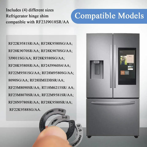 Four Piece Hinge Shim Kit For Fridge Door Height Adjustment Replacement Parts For Samsung Models 3282540 DA60 00314C PS6448337 AP5668209 With Four Different Thicknesses shown next to compatible fridge models.