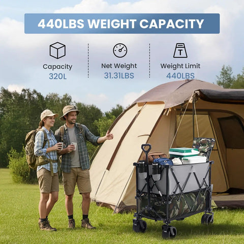 Camping scene with Heavy Duty Double Decker Workhorse Wagon With 54 Inch Extender And 400L Collapsible Design beside a tent.