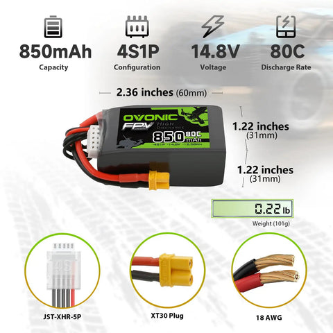 4S 14.8V 850mAh 80C Lipo Battery With XT30 Connector For RC Drones FPV Racing Quadcopters Planes And Helis Soft Case Pack JST XHR 5P Charging Plug Ready For Action with dimensions and connectors visible