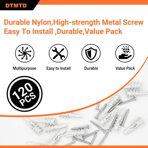 120 Piece Self Drilling Drywall Anchors And Screws Kit Nylon Expansion Anchors With Metal Screws One And A Half Inch White