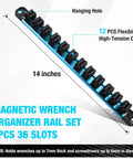 Magnetic Screwdriver And Wrench Organizer Rail Set, Heavy Duty Aluminum Tool Organizer With 36 Slots, showing 14 inch length and 12 clips.