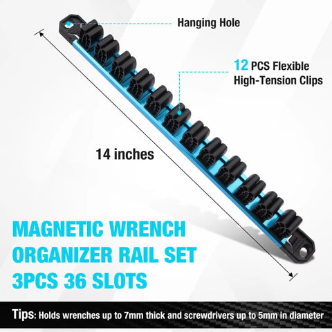 Magnetic Screwdriver And Wrench Organizer Rail Set, Heavy Duty Aluminum Tool Organizer With 36 Slots, showing 14 inch length and 12 clips.