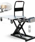 Electric Hydraulic Lift Table Cart Featuring Plug And Play One Touch Operation With Slick Retractable Scissor Frame For Smooth Cargo Hauling Heavy Duty Mobile Dolly That Folds Flat, showcasing a robust scissor lift design with wheels and controls.