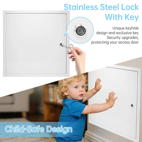Close-up of 24 Inch Drywall Access Panel Metal Wall Door with stainless steel lock key, ideal for securing hidden systems.