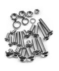 Assorted screws, nuts, and washers from 900 Piece Stainless Steel Screw And Nut Kit With Washers For M3 And M5 Hex Button Head Bolts Nuts And Hardware Assortment For Home Repairs And DIY Projects At Home And Beyond.