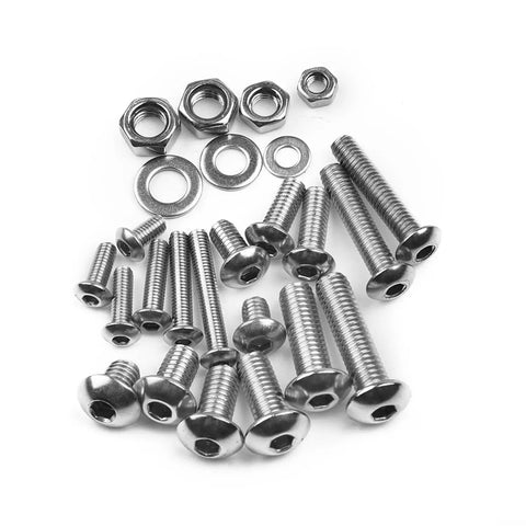 Assorted screws, nuts, and washers from 900 Piece Stainless Steel Screw And Nut Kit With Washers For M3 And M5 Hex Button Head Bolts Nuts And Hardware Assortment For Home Repairs And DIY Projects At Home And Beyond.