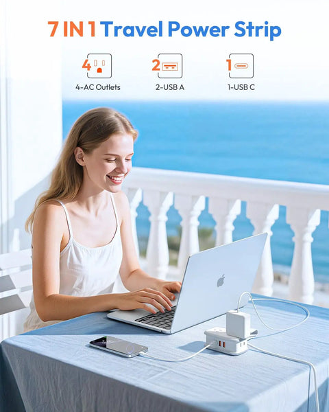 Woman using 20W Travel Power Strip With 4 Outlets And 3 USB Ports Including USB C 4 Ft Wrapped Extension Cord Flat Plug at seaside.