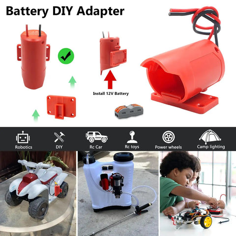 Milwaukee M12 12V Battery Adapter Converter Kit with Wire Terminals for DIY Projects, RC Cars, Trucks, and Robotics displayed.
