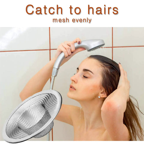 2 Pack Heavy Duty Stainless Steel Sink Strainer Pair, No Clog Hair Catcher Filter Basket Trap, shown in shower setting.